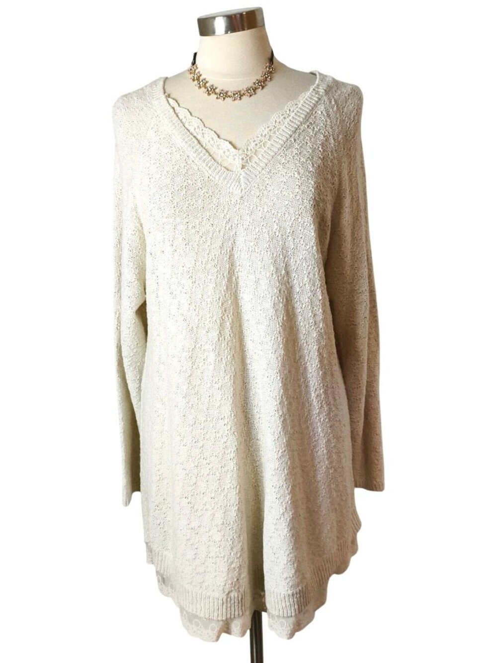 Style&Co Womens 2X Knit Tunic Sweater Cream LS Lace Trim Preppy Chic Cozy Comfy